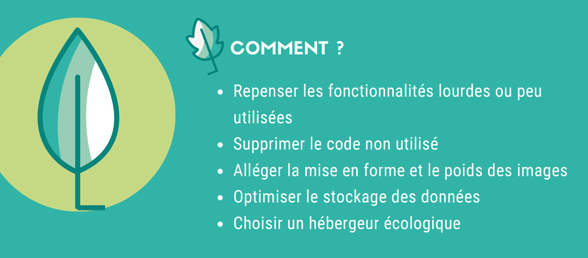 Comment ? Repenser les fonctionnalités lourdes ou peu utilisées. Supprimer le code non utilisé. Alléger la mise en forme et le poids des images. Optimiser le stockage des données. Choisir un hébergeur écologique.