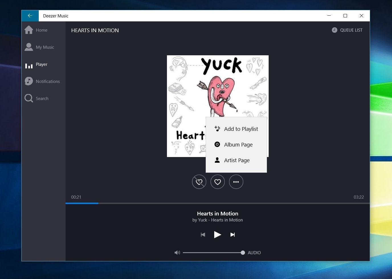 Capture d'écran de l'application Deezer Desktop pour Windows 10 dans laquelle l'utilisateur ajoute un titre à une playlist